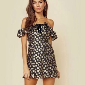 NWT FOR LOVE & LEMONS Lottie Ruffle Mini Dress Black Gold Metallic Medium
